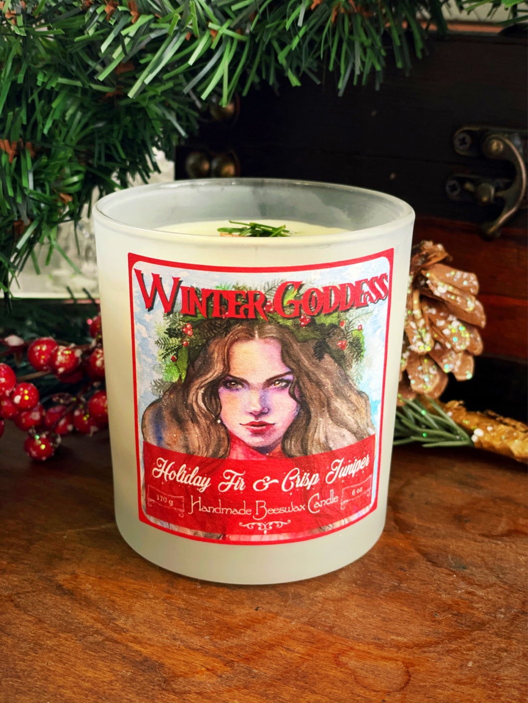 Winter Goddess Hand-Poured Beeswax Candle with Cracking Wood Wick