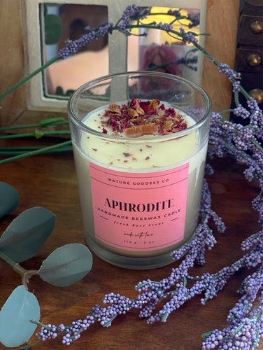 Aphrodite Fresh Rose Hand-Poured Beeswax Candle with Cracking Wood Wick